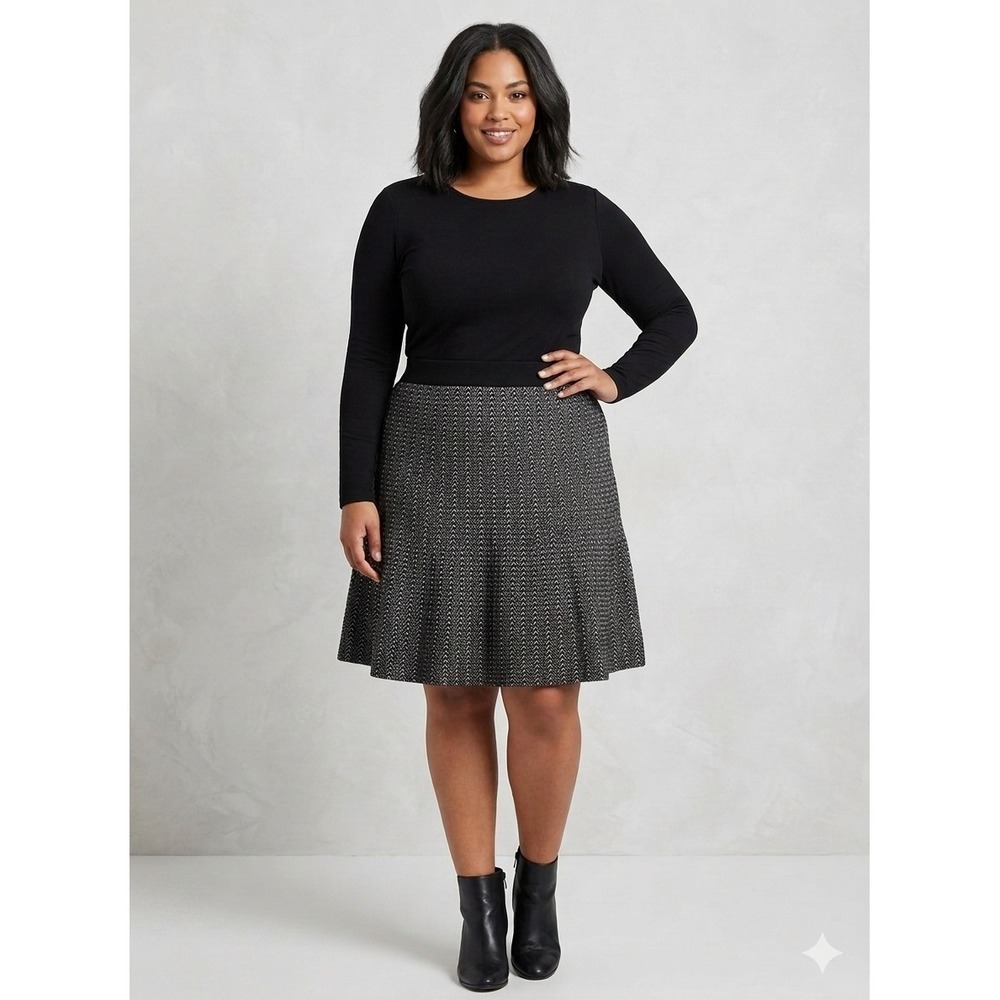 Rachel Roy Fit and Flare Knit Skirt Chevron Pattern Black and White 1X
